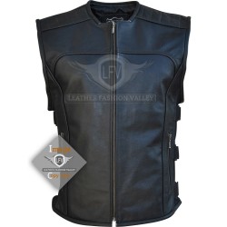 Mens Silm Motorbike Black Leather Vest Jacket