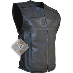 Mens Silm Motorbike Black Leather Vest Jacket