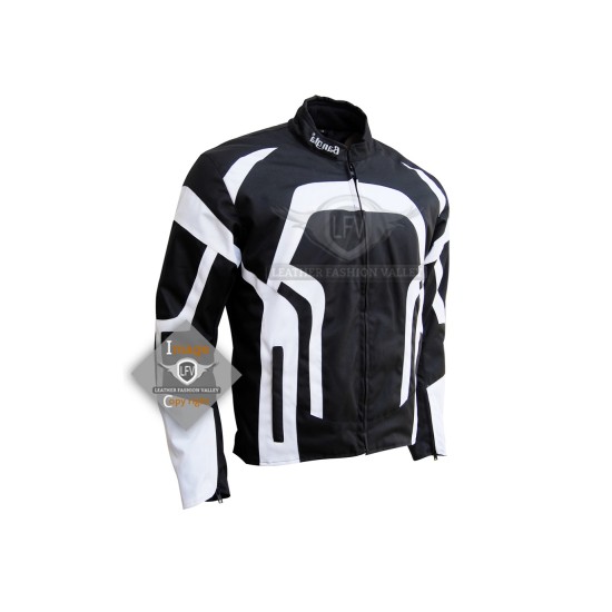 Textile Motorbike Men Black And White Leather Jackets