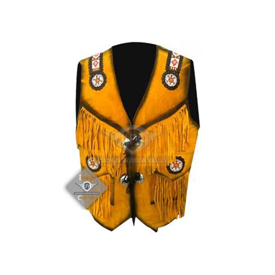 Yellow Western Cowboy Fashion Leather Vest Jacket