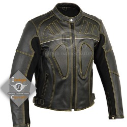 Paded Motor Bike Yellow Stitched Leather Jacket
