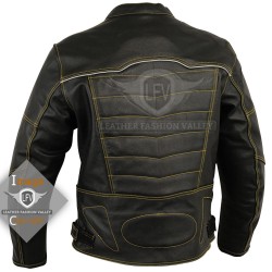 Paded Motor Bike Yellow Stitched Leather Jacket