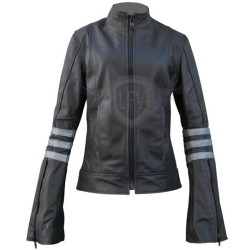 Ladies Black & Grey Stripe Biker Leather Jacket Ladies Black & Grey Stripe Biker Leather Jacket
