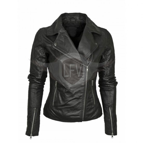 Women Quilted Shoulders Motorcycle Leather jacket