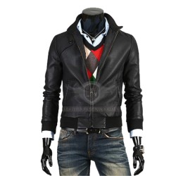 Men Black Slim Fit Bomer Leather Jacket Men Black Slim Fit Bomer Leather Jacket