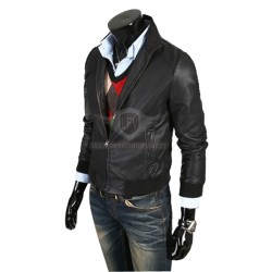 Men Black Slim Fit Bomer Leather Jacket Men Black Slim Fit Bomer Leather Jacket