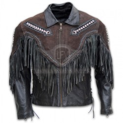 Men Black & Brown With Fringe Leather Jacket Men Black & Brown With Fringe Leather Jacket