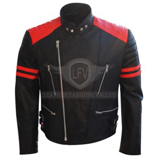 Fight Club Movie Black & Red Stripe Leather Jacket