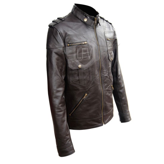 Dark Brown Multi Pocket Biker Leather Jacket