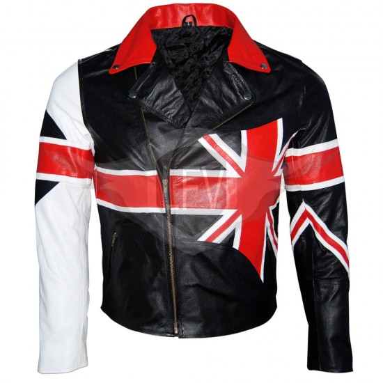 British UK Flag Motorbike Brando Style Genuine Leather Jacket 